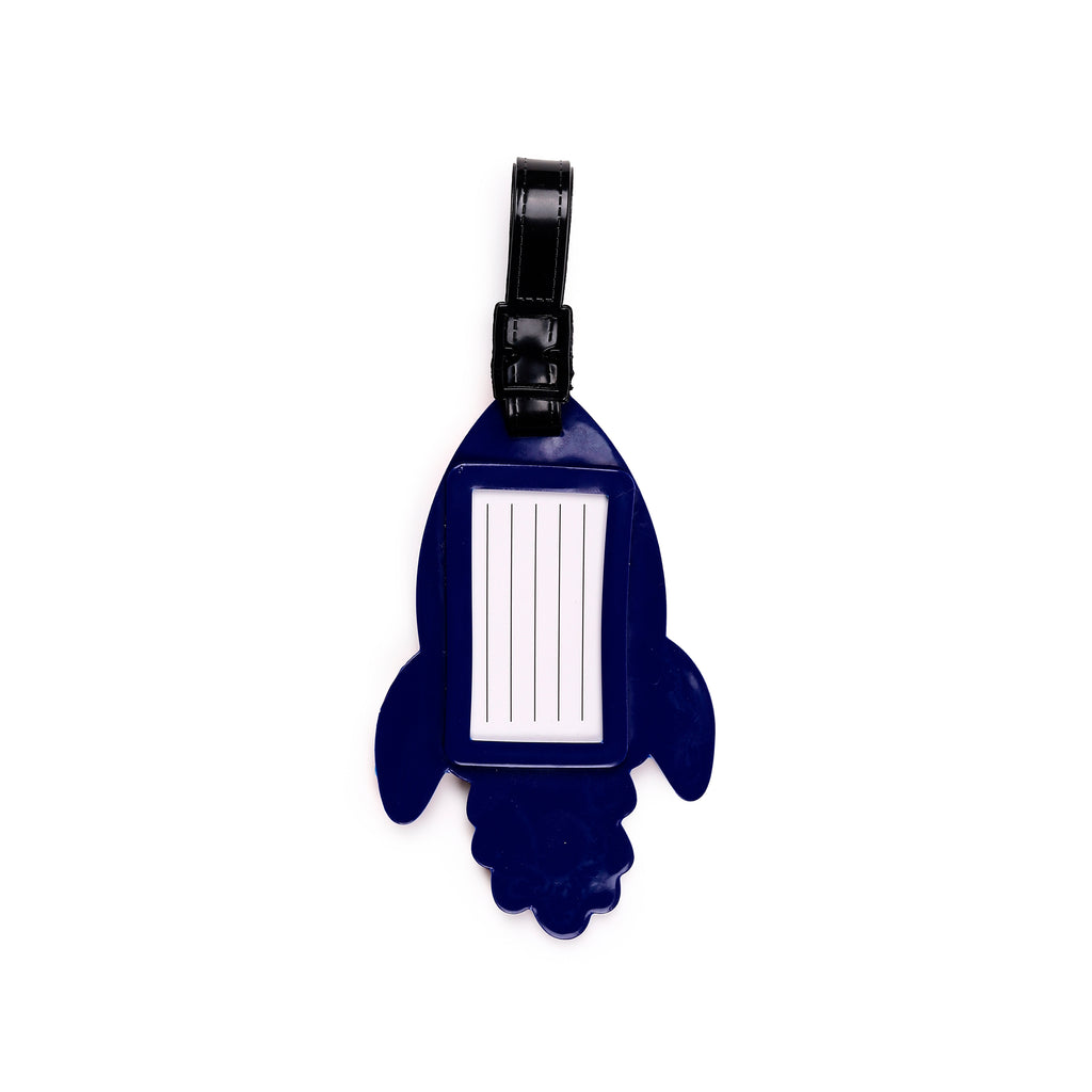 Front view of a dark blue PVC rocket-shaped luggage tag, featuring a black strap with a buckle and a white address window with lines.
