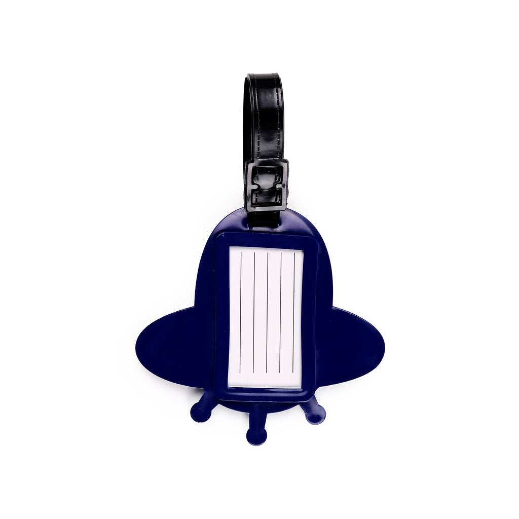 Overhead view of a dark blue UFO-shaped PVC luggage tag, featuring a black strap and buckle, and a white information card insert with lines.