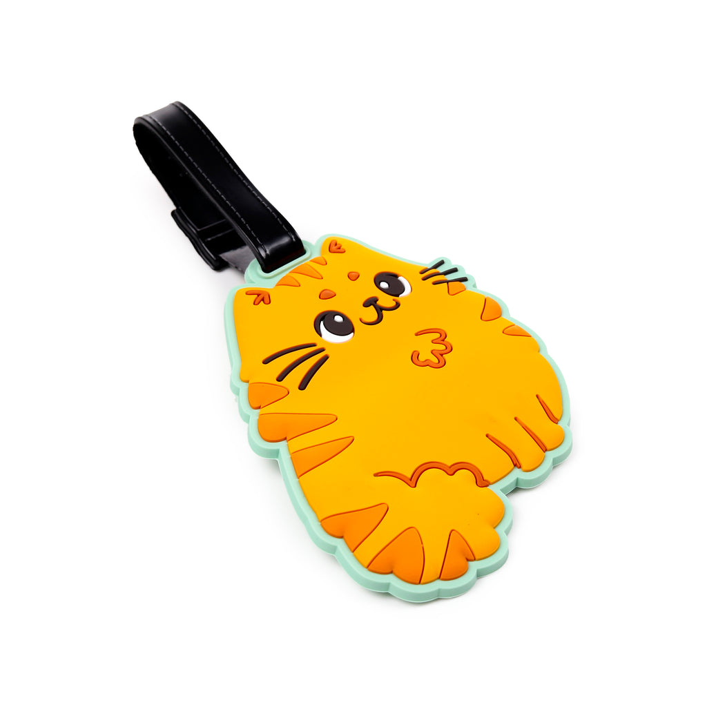 Angled view of an orange PVC luggage tag, featuring a cartoon cat design with darker orange stripes, a light blue border, and a black strap with white stitching.