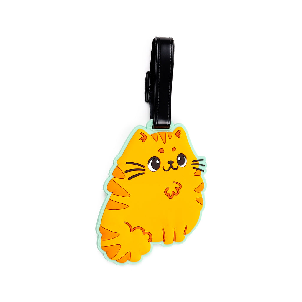 Front view of a PVC luggage tag shaped like a fluffy orange and striped cartoon cat with black eyes and a pink nose, bordered in mint green, featuring a black attachment strap.