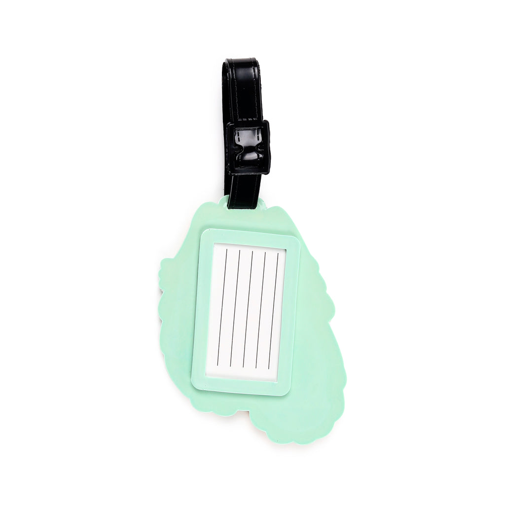 Reverse of a mint green PVC luggage tag, featuring a clear plastic address window with blank lines and a black buckle strap.