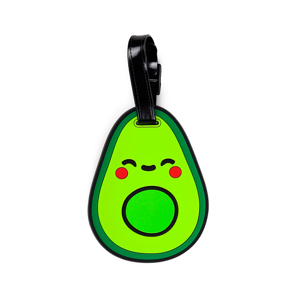 Front view of a vibrant green PVC avocado luggage tag, depicting a cartoon face with smiling eyes, red cheeks, and a black attachment strap.