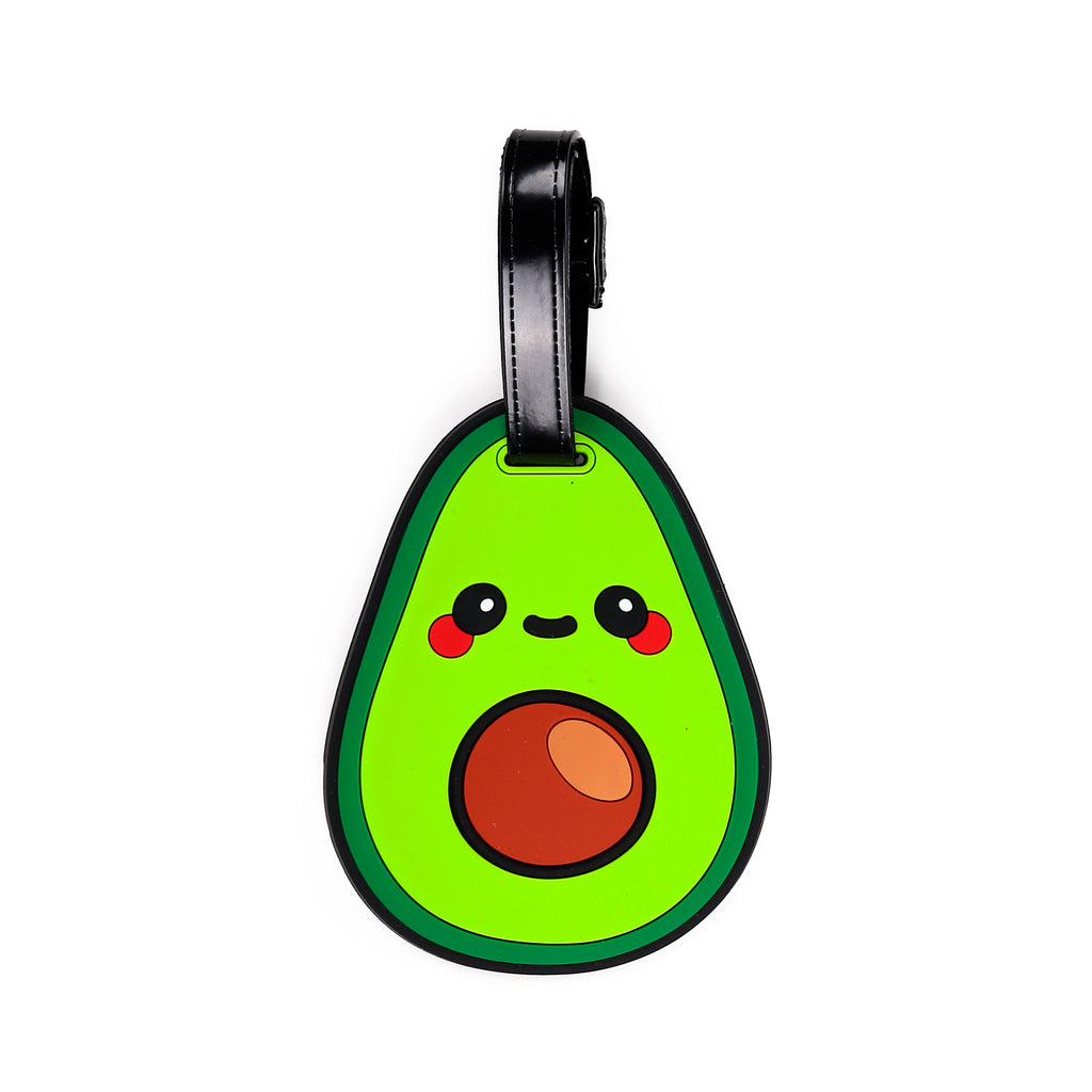 Front view of a bright green PVC avocado luggage tag featuring a cute cartoon face with black eyes, red cheeks, and a brown pit forming an open mouth, with a black strap, on a white background.