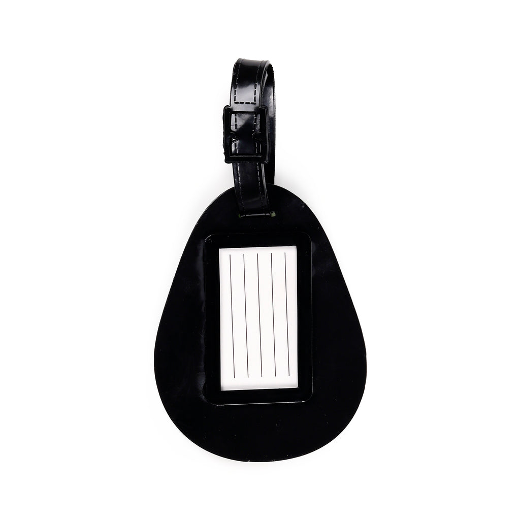 Reverse view of a black avocado-shaped PVC luggage tag, showing a white information card with lines for details and a black buckle strap.