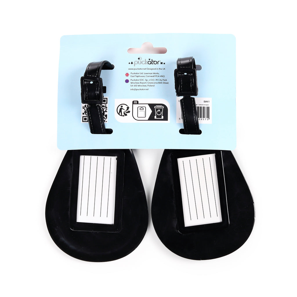 Back view of a set of two black PVC luggage tags, featuring white ID inserts and black buckle straps, presented on a light blue retail backing card.