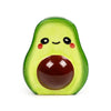 Front view of a green ceramic avocado money box, depicting a cute smiling face with black eyes, red cheeks, and a glossy dark brown central stone.