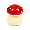 Ceramic toadstool money box with a glossy red cap, white spots, a creamy base, and a coin slot on top.