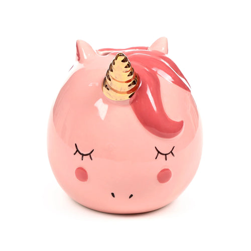 Front view of a pink ceramic unicorn money box, featuring a golden horn, dark pink flowing mane, drawn-on sleepy eyes, and rosy cheeks.