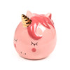 Angled front view of a pink ceramic unicorn money box featuring a golden horn, closed eyes, pink cheeks, and dark pink mane details.