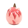 Rear view of a pink ceramic unicorn money box, featuring a golden horn, two small ears, and darker pink decorative markings.