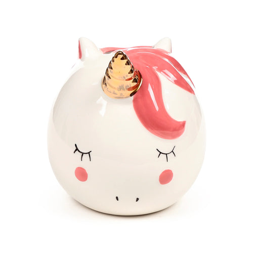 White ceramic unicorn money box with a gold horn and pink mane, featuring closed eyes and pink cheeks, front view.