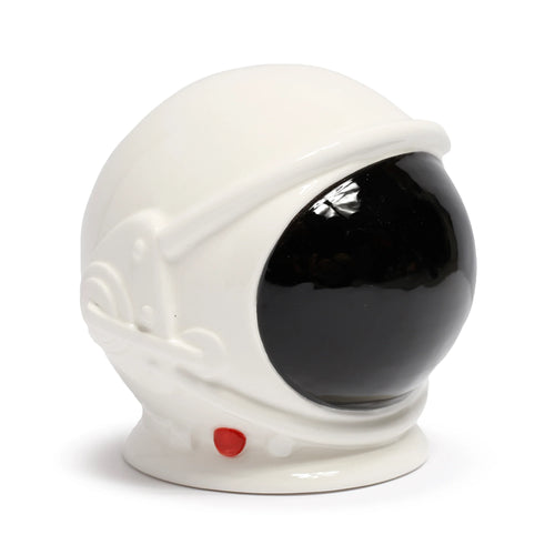 Angled view of a glossy white ceramic space cadet astronaut helmet money box, featuring a black visor and a small red button detail.