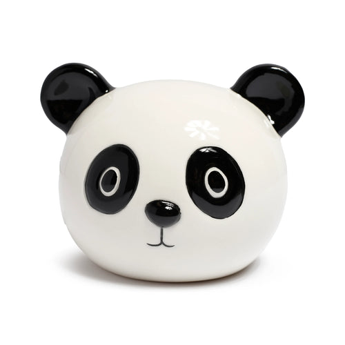 Front view of a glossy white ceramic panda money box, featuring black ears, eye patches, nose, and mouth.