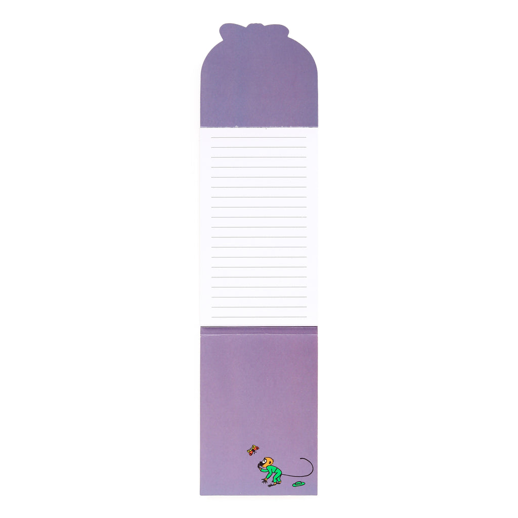 Open view of a purple flip open shaped memo pad, displaying lined pages and a character illustration of a monkey and a butterfly.