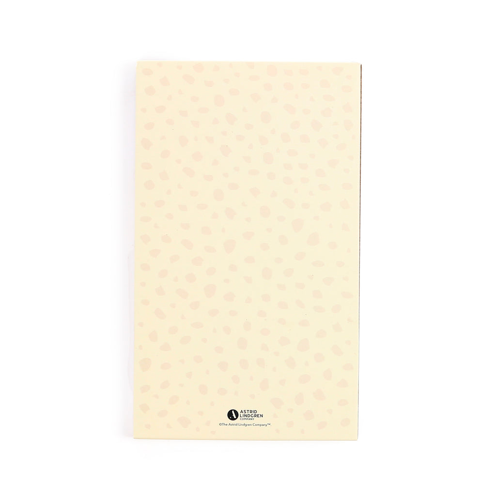 Back view of a memo pad featuring a light cream-coloured cover with scattered pale pink irregular spots.