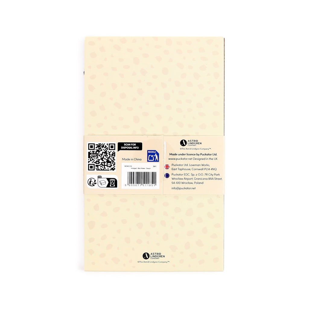Back view of the Pippi Longstocking flip open shaped memo pad packaging, featuring a beige and light pink spotted design, barcode, and product information.