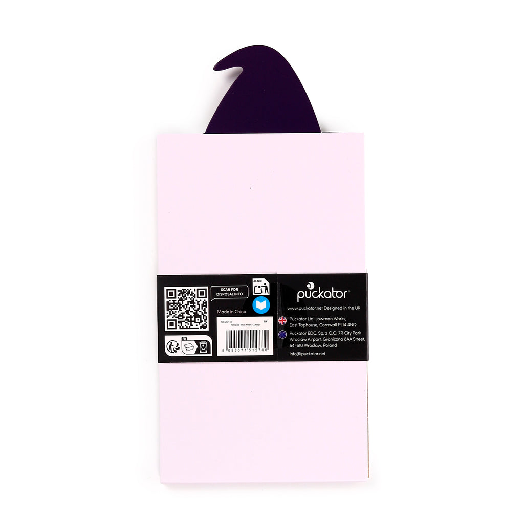 Back of a light pink spooky shaped memo pad, showing a dark purple curved design at the top and a black product information label with a barcode.