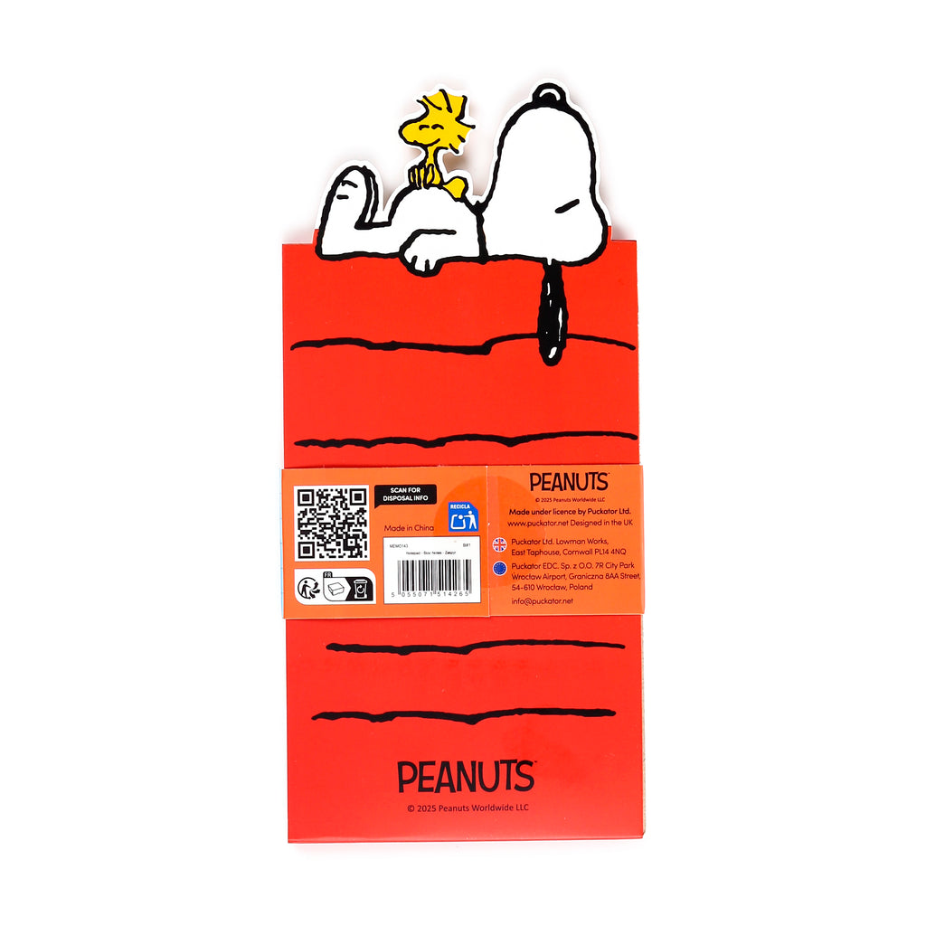 Red shaped memo pad with a die-cut top featuring a white Snoopy lying down and yellow Woodstock on his stomach, displaying its reverse side with product details and a barcode.