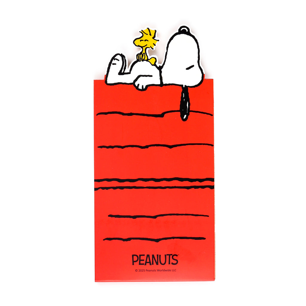 Front view of a red flip open memo pad, depicting Snoopy lying down with Woodstock perched on his stomach. The memo pad features black horizontal lines and the 'PEANUTS' logo at the bottom.