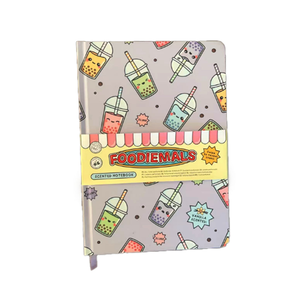 Front view of an A5 scented notebook featuring a light grey cover with a colourful, repeated cartoon bubble tea pattern. A yellow paper band highlights 'Foodiemals Scented Notebook' and 'Vanilla Scented', with a purple ribbon bookmark visible.