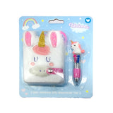 Front view of a plush white A7 unicorn notebook and multicolour unicorn pen set, in clear packaging.