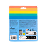 Rear view of retail packaging for a mini notebook and multi-colour pen, featuring a rainbow-striped design, warning labels, and a barcode.