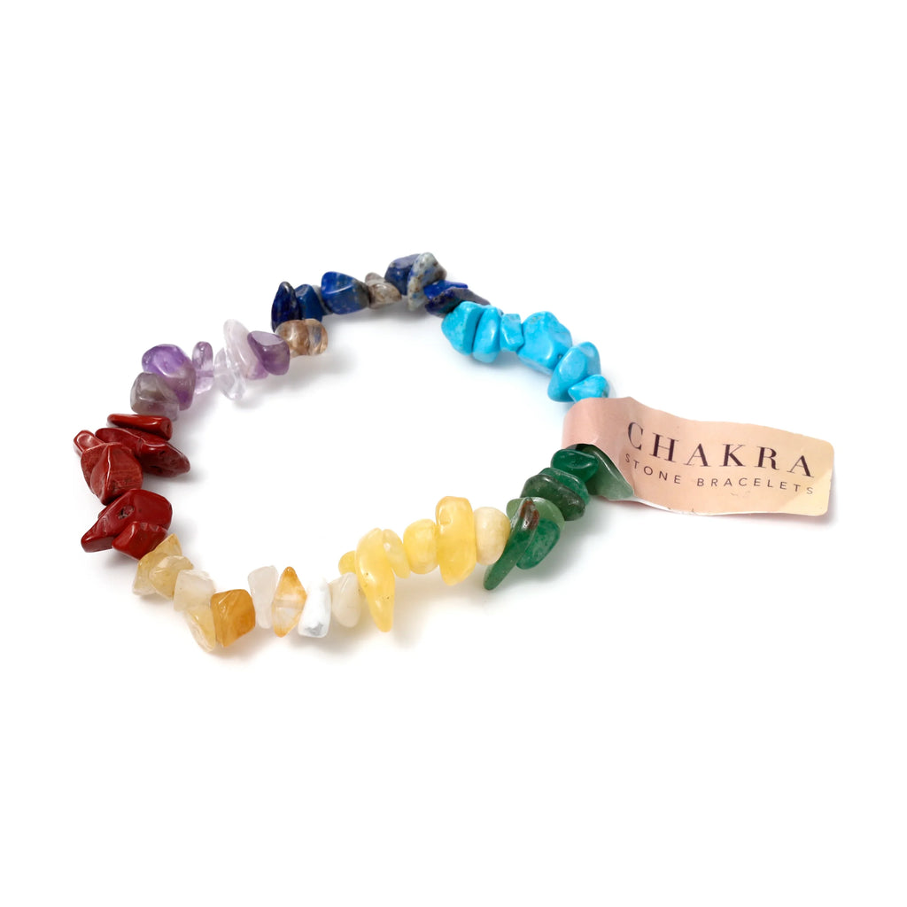 Top view of a colorful gemstone chakra bracelet featuring irregular stone chips and an attached tag labeled 'Chakra Stone Bracelets', on a white background.