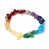 Overhead shot of a colorful gemstone bracelet made of natural chakra chip stones, arranged in a rainbow gradient on a white background.