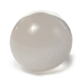 Front view of a polished, translucent milky white crystal sphere.