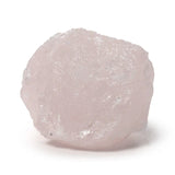 Front view of a raw light pink crystal gemstone.