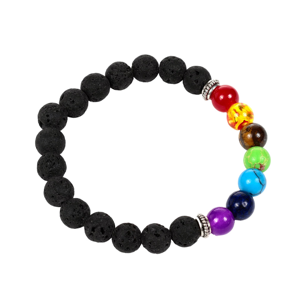 Circular chakra lava rock gemstone bracelet, featuring textured black beads and seven polished, colourful beads (red, yellow, brown, green, blue, indigo, purple) with silver-coloured spacers, on a white background.