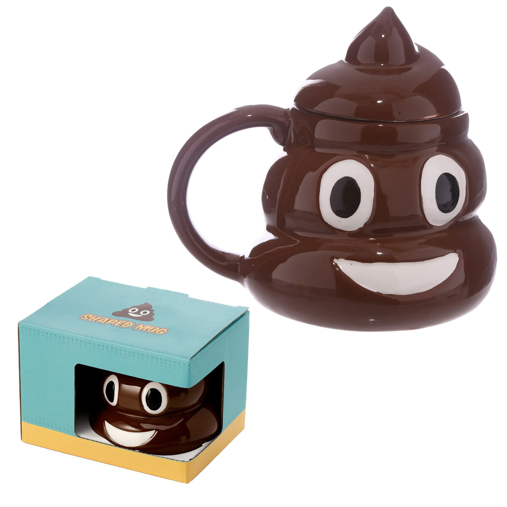 A brown ceramic poop emoji shaped mug with lid, displaying its white smiling face and handle, shown next to its turquoise and yellow retail packaging box with a cutout revealing the mug's face inside.