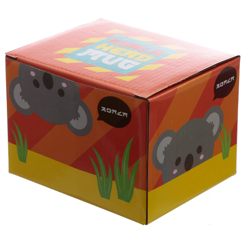 Angled view of the Adoramals Koala ceramic shaped head mug packaging box, showing its orange and red design with cartoon koala faces and 'Koala Head Mug' text on top.