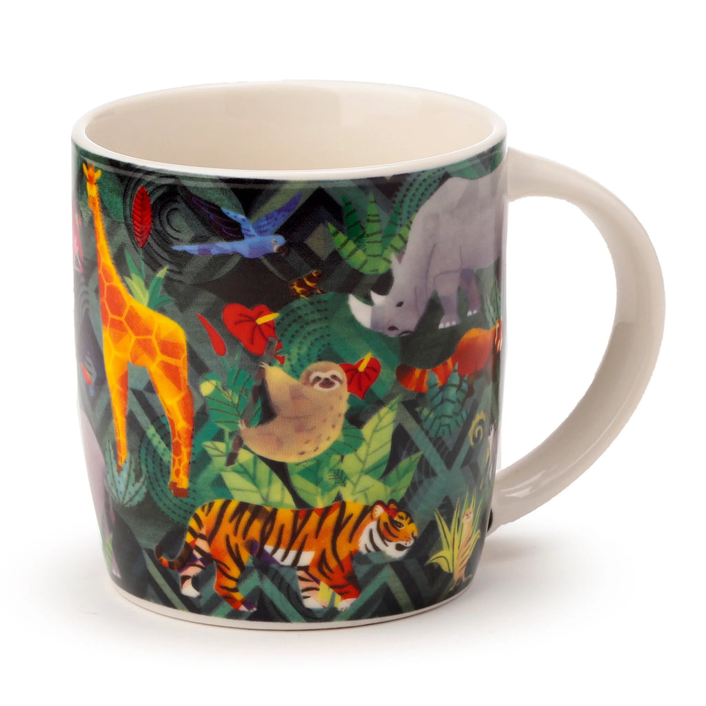 Angled view of a porcelain mug with a vibrant jungle illustration on a dark green and black patterned background. It features an orange giraffe, striped tiger, grey rhinoceros, beige sloth, and a blue parrot. The mug has a cream interior and handle.