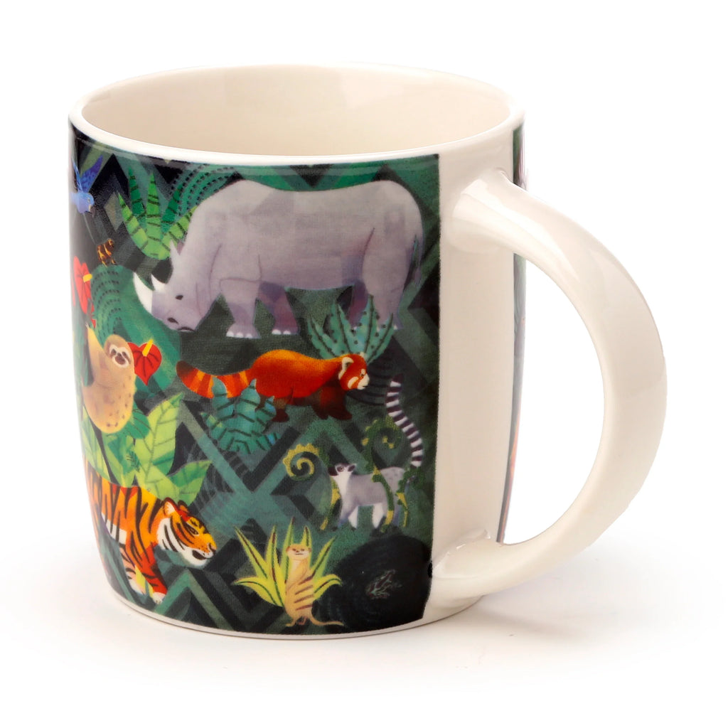 Angled view of a porcelain mug featuring an 'Animal Kingdom' design. The dark green surface depicts a colourful tiger, red panda, rhinoceros, sloth, and lemur within jungle foliage. The mug has a cream interior and handle.