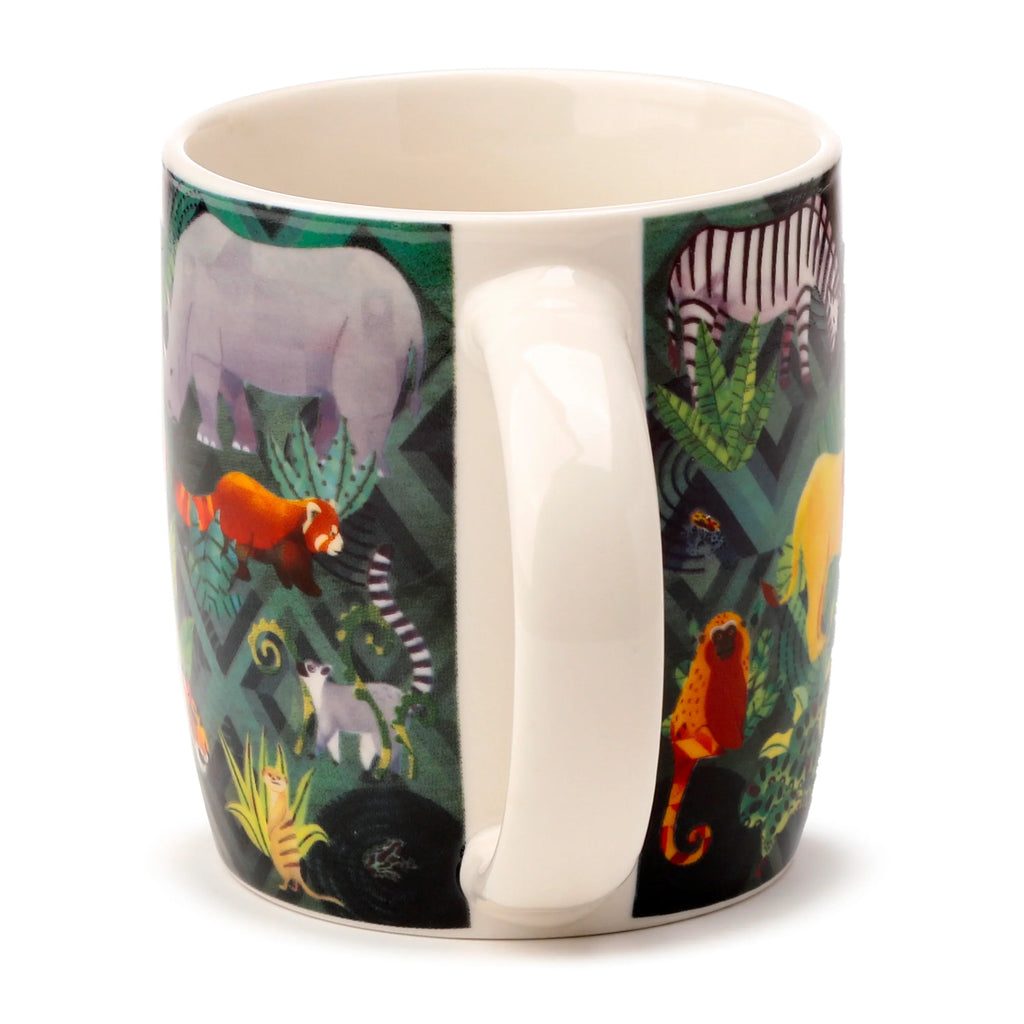 Porcelain mug, viewed from the handle side, displaying its multi-colour Animal Kingdom design featuring a rhinoceros, red panda, and lemur on a dark green jungle pattern background. It has a cream interior and handle.