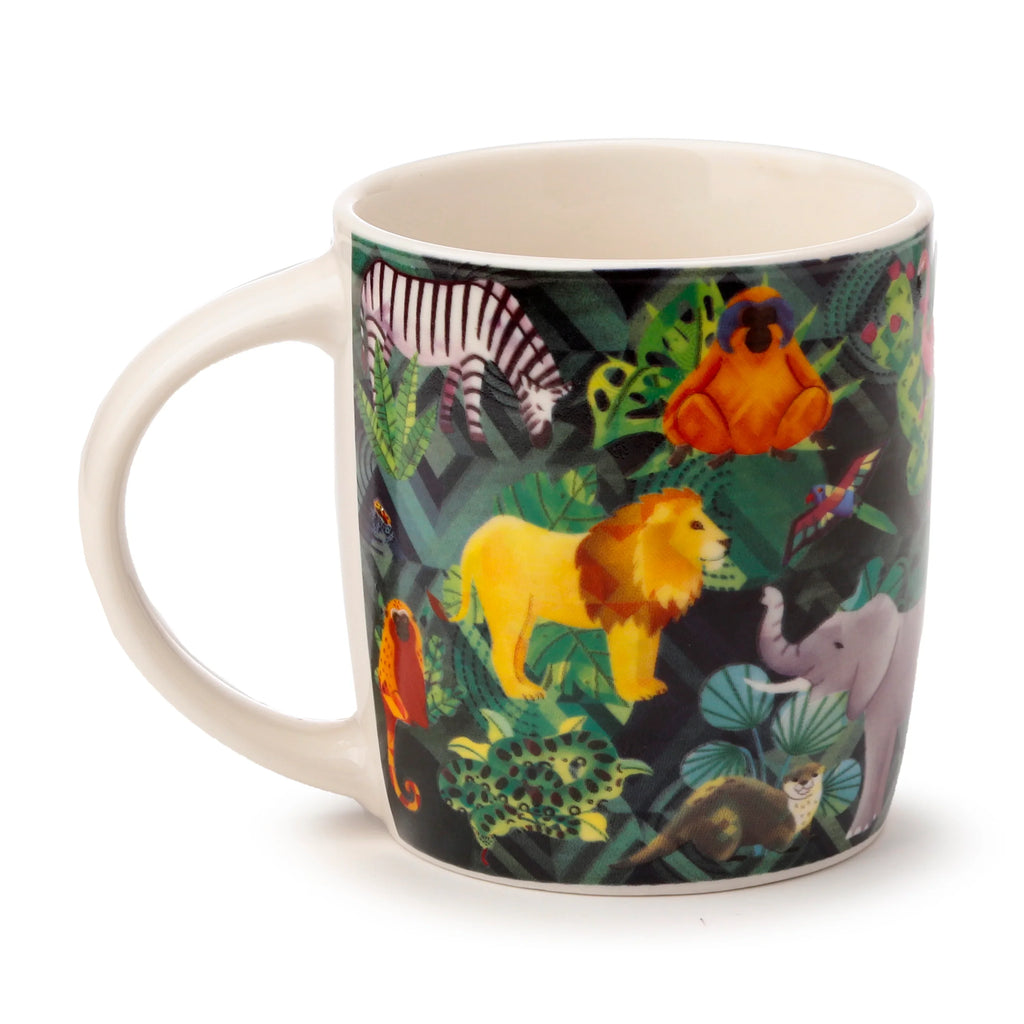 Angled view of a porcelain mug, showcasing a vibrant Animal Kingdom design featuring a lion, zebra, elephant, monkey, parrot, otter, turtle, and snake against a dark green botanical background, with a cream-coloured interior and handle.