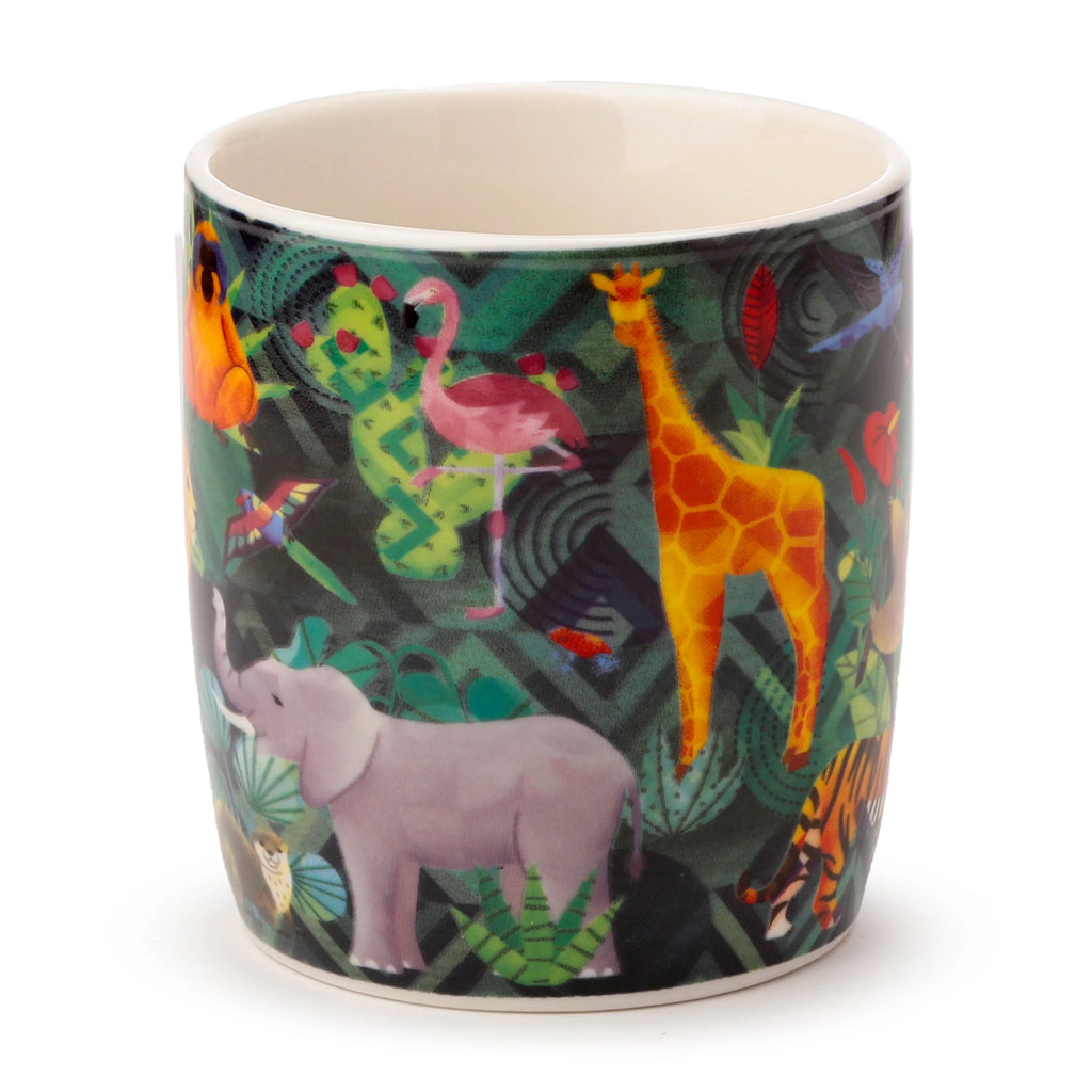 Angled view of a porcelain mug with a vibrant animal kingdom design, depicting a grey elephant, orange giraffe, pink flamingo, and striped tiger amongst green jungle foliage and various colourful birds. It has a cream-coloured interior.