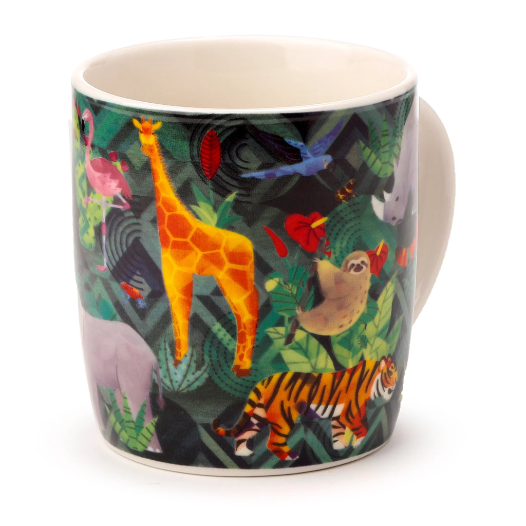 Angled view of a multi-coloured porcelain mug, featuring a vibrant 'Animal Kingdom' design with a large yellow giraffe, orange tiger, pink flamingo, and grey elephant, set against a dark green jungle-themed background. The light-coloured handle is visible on the right.