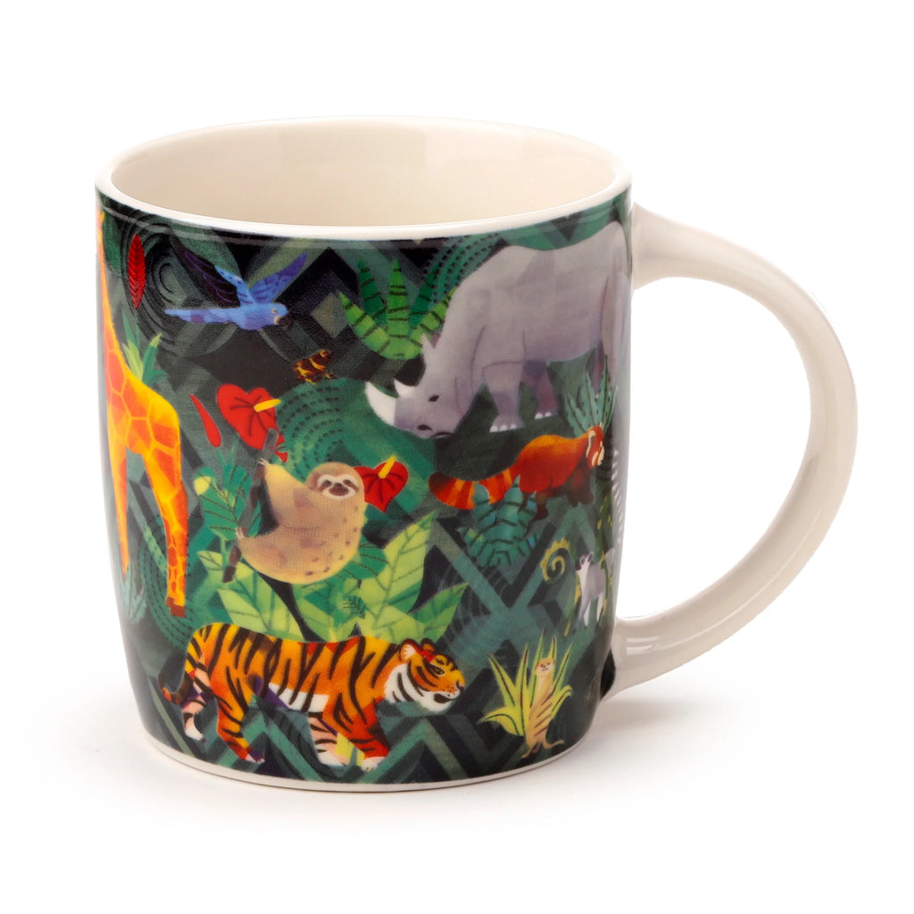 Angled view of a porcelain mug, featuring a vibrant jungle animal design with illustrations of a tiger, giraffe, rhino, sloth, and blue bird amongst green foliage on a dark background. It has a cream handle and interior.