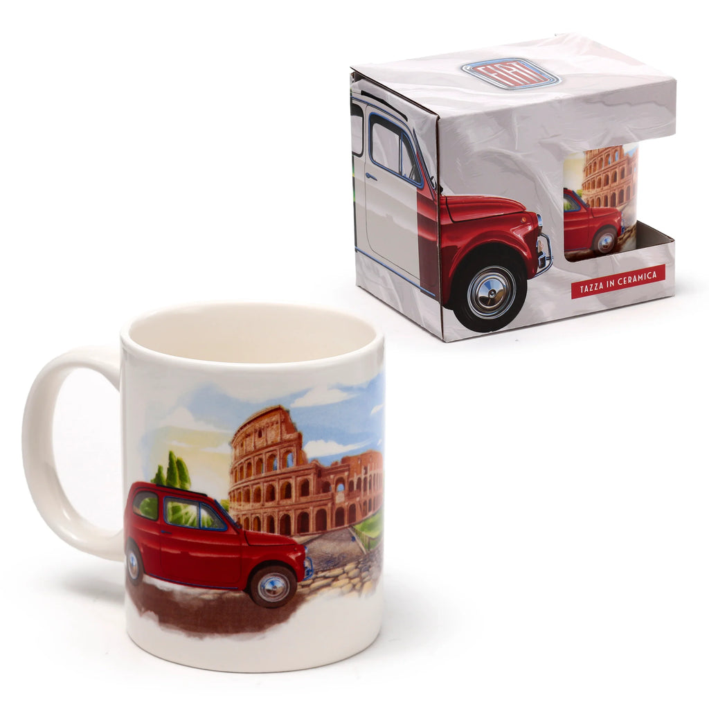 Angled view of a white porcelain Collectable Fiat 500 Rome mug, featuring a red car and the Colosseum illustration, displayed beside its matching gift box.