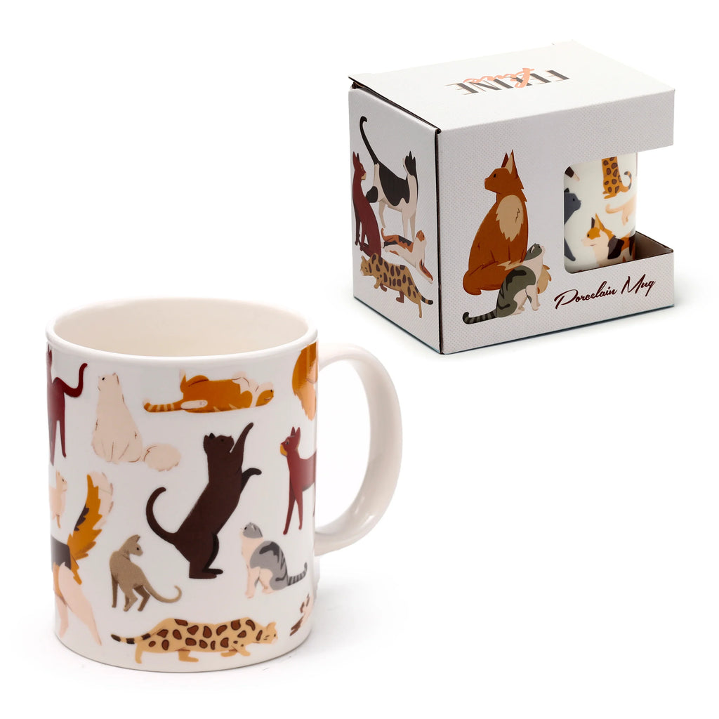 Angled view of a white porcelain mug featuring various multicoloured cat illustrations and a visible handle. The mug is presented alongside its matching white gift box, also decorated with cat designs.