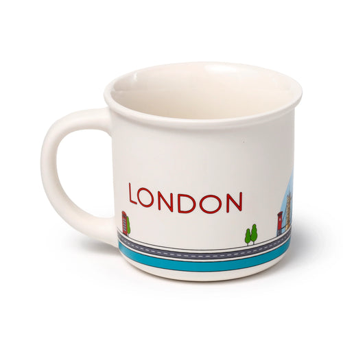 Angled view of an off-white porcelain fine rimmed mug, showcasing 'LONDON' in red capital letters. The mug features a vibrant London cityscape with a red telephone box, green trees, and other iconic landmarks above a blue and grey road design. The handle is visible on the left.