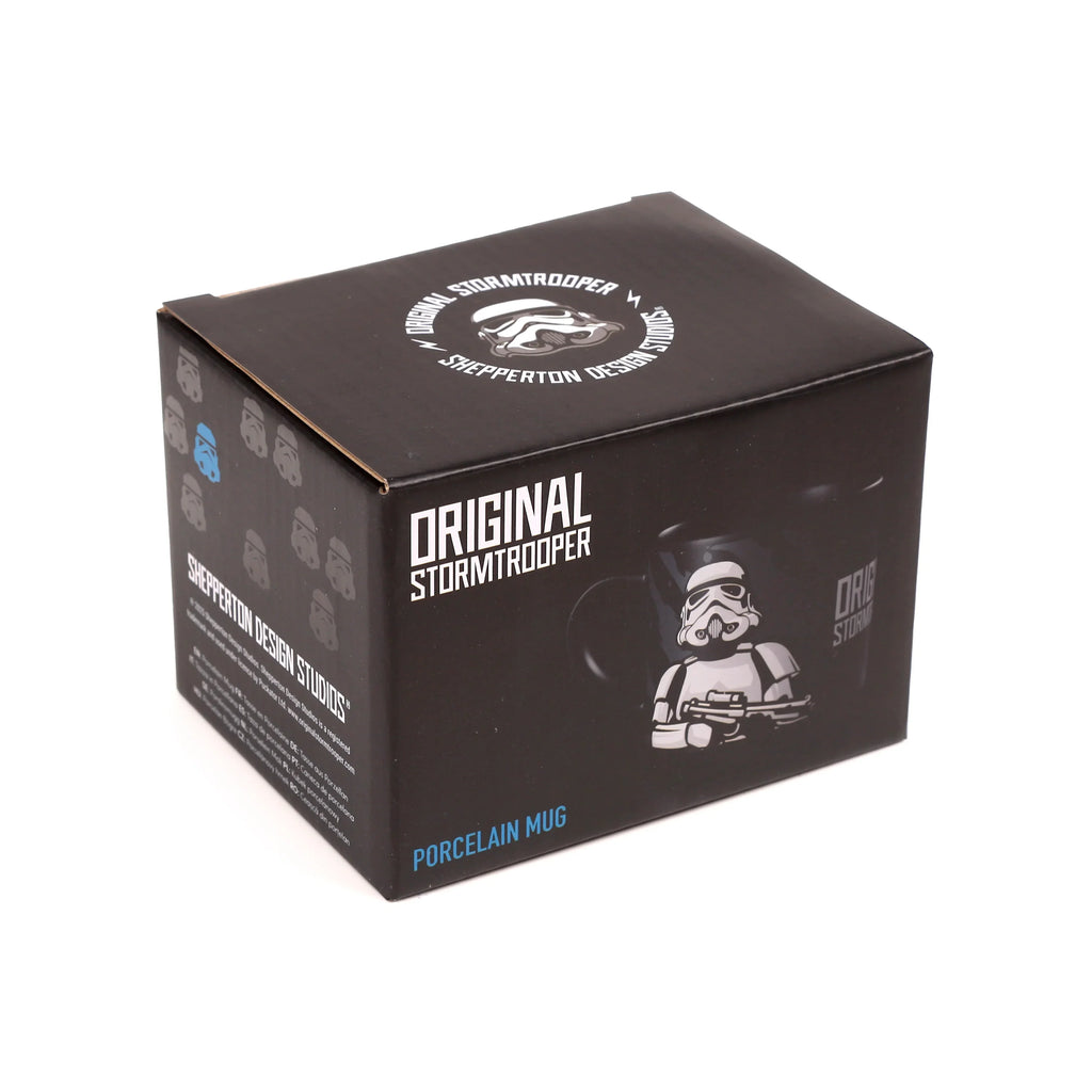 Angled view of black packaging for an Original Stormtrooper porcelain mug, featuring a Stormtrooper graphic, 'Original Stormtrooper' text, and 'Porcelain Mug' in blue lettering.