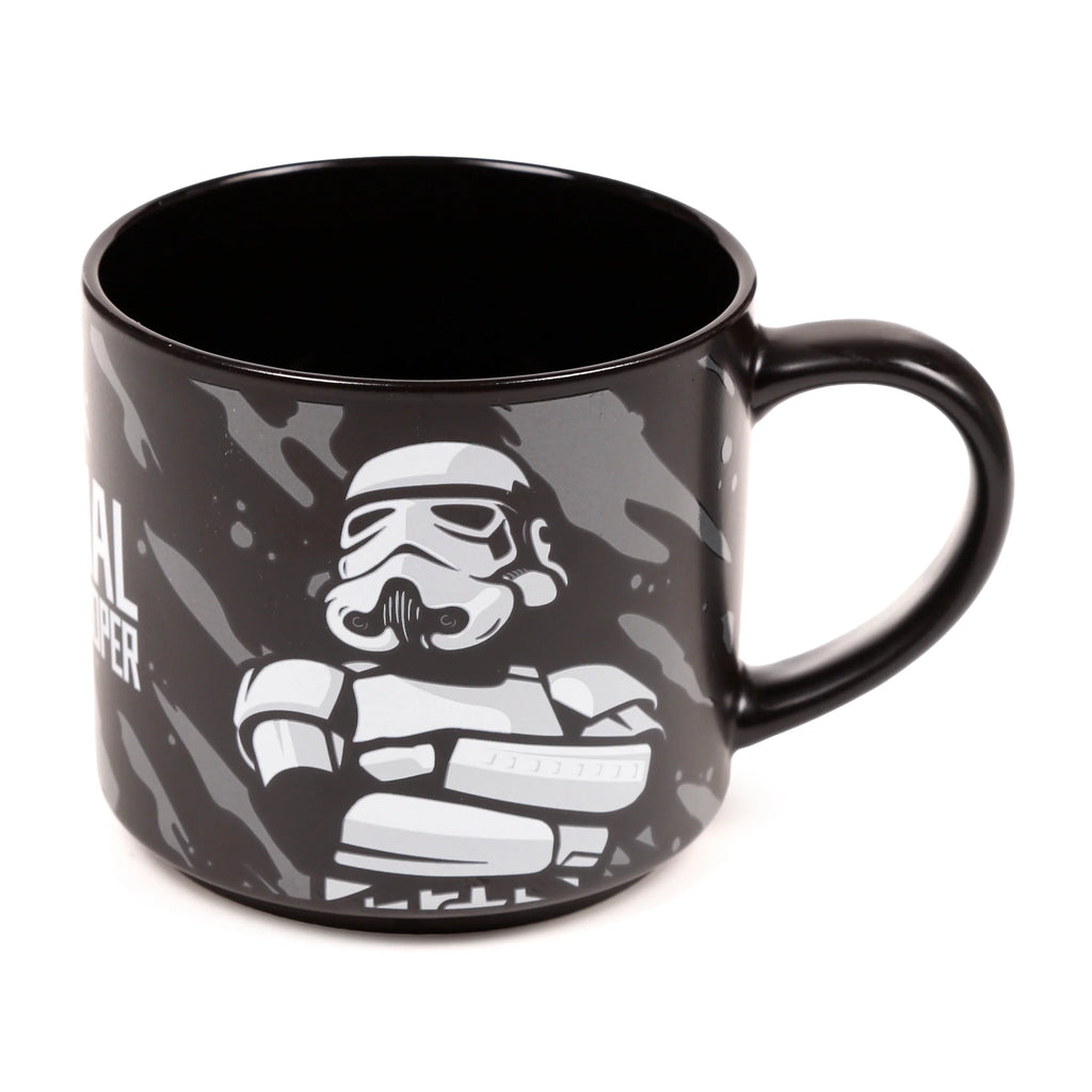 Large black porcelain mug with white and grey Stormtrooper design, angled view showing the character with crossed arms and the handle.