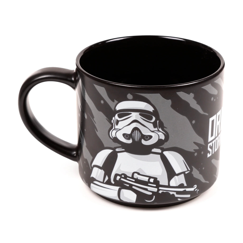 Angled view of a large black porcelain mug featuring a grey and white Stormtrooper graphic holding a rifle, with 'Original Stormtrooper' text.