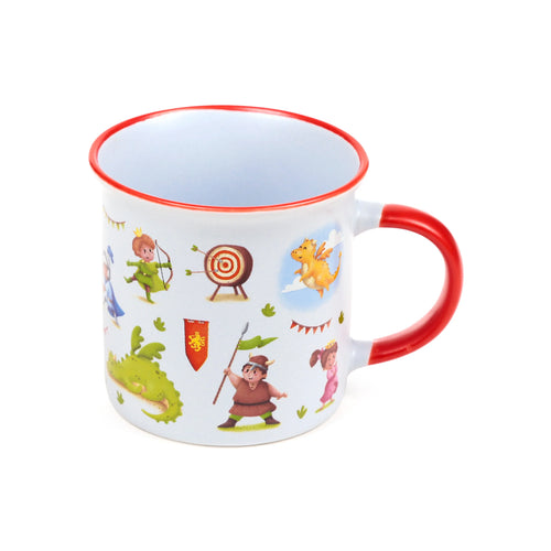 Angled view of a white mug with a red rim and handle, decorated with colourful cartoon illustrations of knights, dragons, and other fantasy characters.