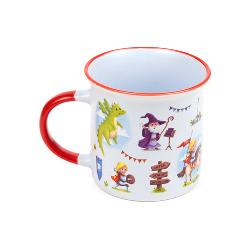 Angled view of a white porcelain fine rimmed mug with a red handle and rim, featuring cartoon illustrations of a green dragon, a wizard, a signpost, and two knights.
