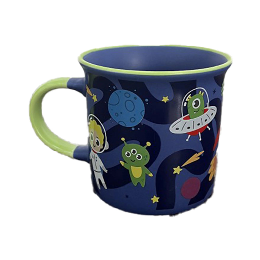 Angled view of a blue porcelain mug with a green handle and space cadet design featuring cartoon astronauts, aliens, and planets.