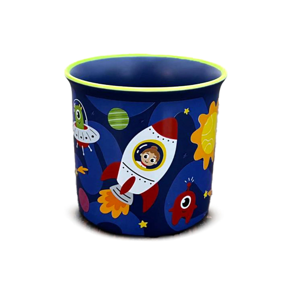 Angled view of a dark blue porcelain fine-rimmed mug, featuring a colourful Space Cadet design with a rocket ship, a child, aliens, sun, stars, and planets, all finished with a bright lime green rim.